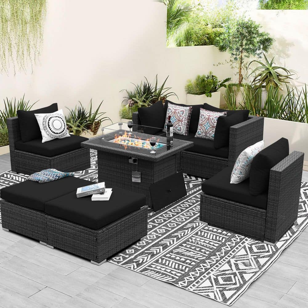 Luxury 7-Piece Charcoal Wicker Patio Fire Pit Outdoor Sectional Deep Seating Sofa Set with Black Cushions price history on PriceWatchPro