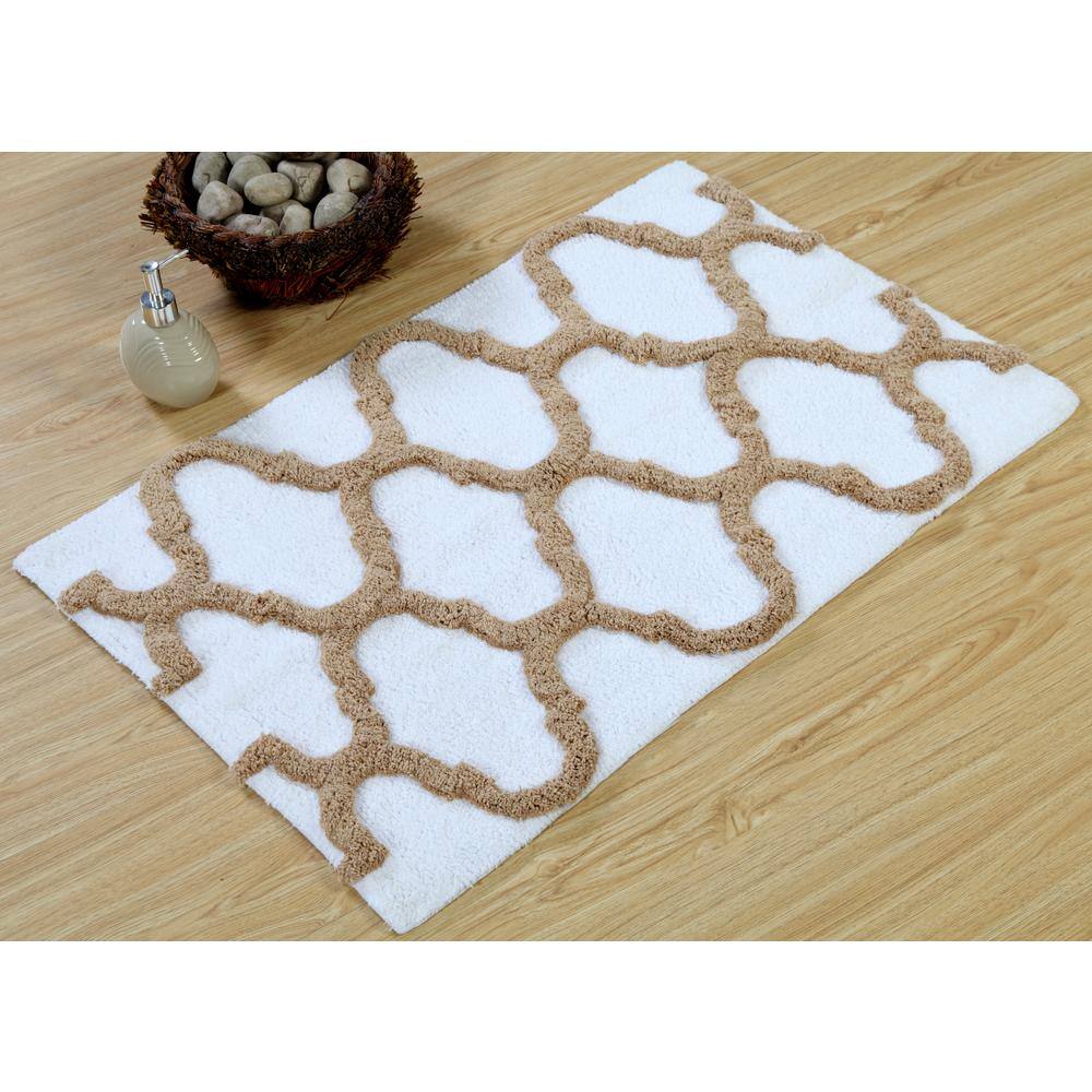 Ivory and Beige Cotton Geometric Pattern Bath Rug