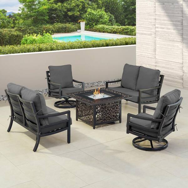 Oakland Living Black 6-Piece Aluminum Patio Fire Pit with 2-Deep Seating Loveseat and 2-Club Chairs Black Cushions