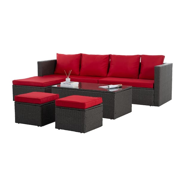 Unbranded Modern 7-Piece PE Rattan Wicker Patio Conversation Set Seasonal with Red Cushions and Lift Table