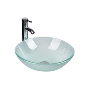 Clear Glass Round Vessel Sink with Faucet Pop Up Drain Combo