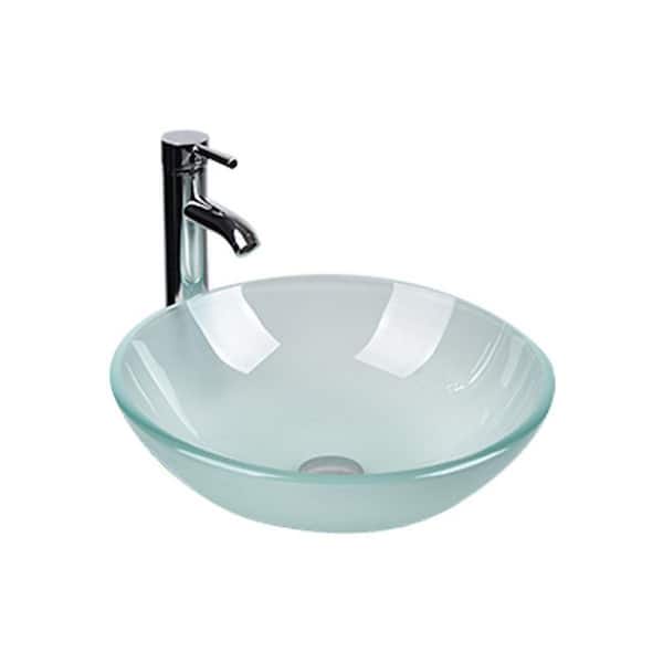 cadeninc Clear Glass Round Vessel Sink with Faucet Pop Up Drain Combo