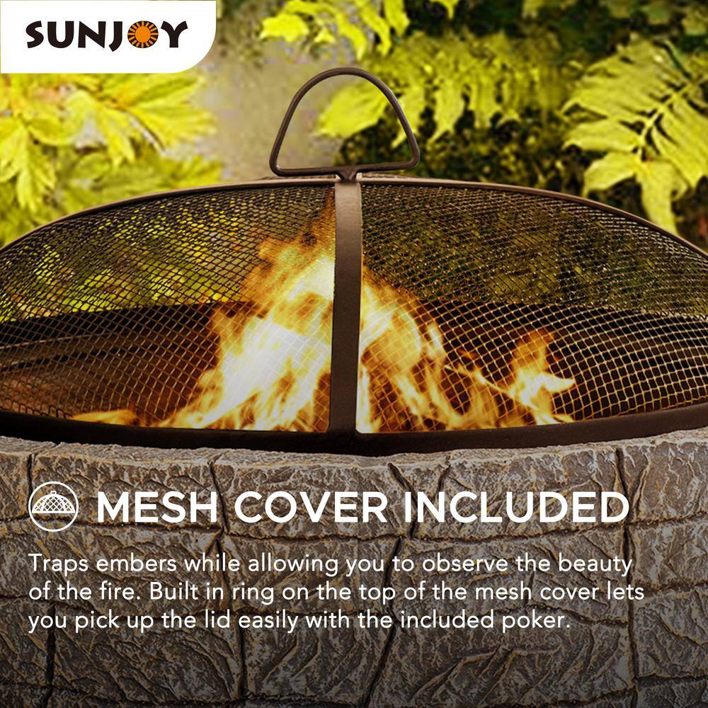 Gray Stone and Steel Wood-Burning Fire Pit with Mesh Screen