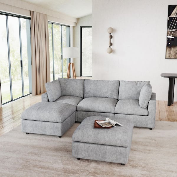 100 in. Square Arm 5-Piece Chenille U-Shaped Modualr Sectional Sofa with Washable Cover, Ottoman in. Gray for Apartment
