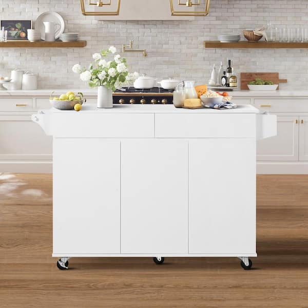 Unbranded White MDF Wood 53.15 in. W Rolling Kitchen Island with Spice Rack, Towel Rack and 2-Drawers for Kitchen, Dining Room