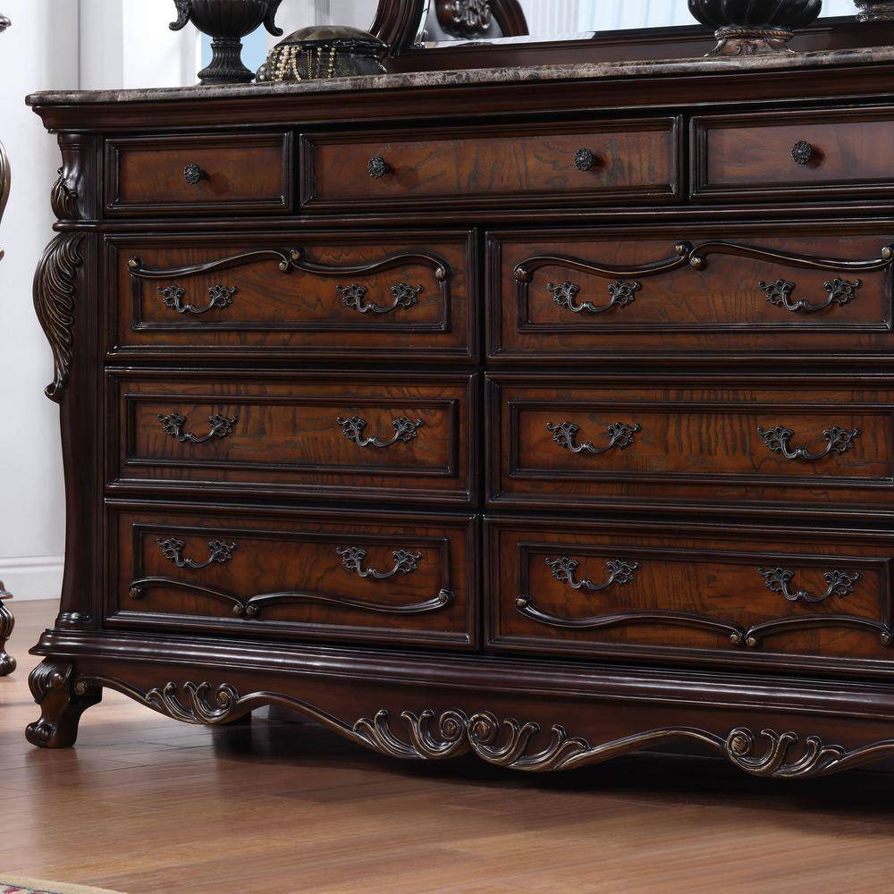Dark Cherry Solid Wood Dresser with Marble Top and Carved Details