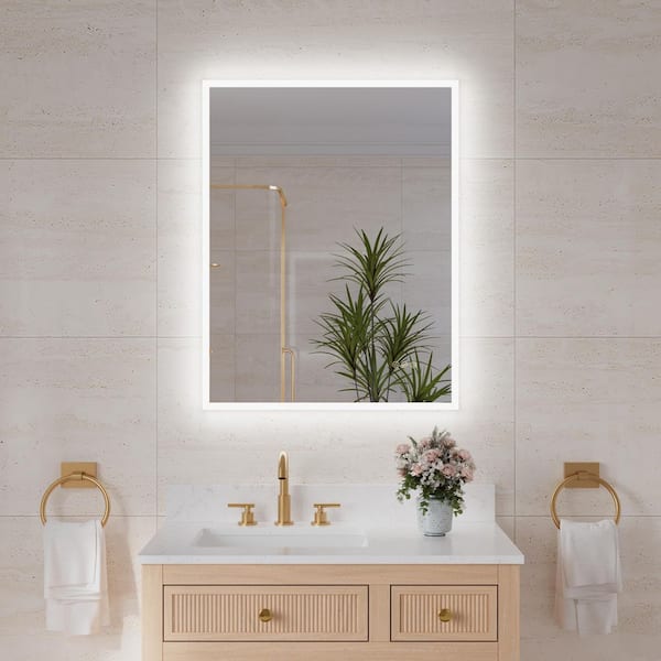 28 in. W x 36 in. H Rectangular Framed LED Wall Bathroom Vanity Mirror, Front Back Lit, Dimmable, Defogger, Easy Hang