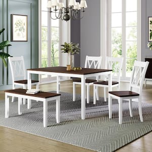 Farmhouse 6-Piece Rectangle White and Cherry Wood Top Dining Table Set Seats 6 with 4 Chairs, 1 Bench