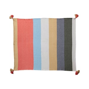 Multi-colored 8 Striped Woven Cotton Blend Throw Blanket with Tassels
