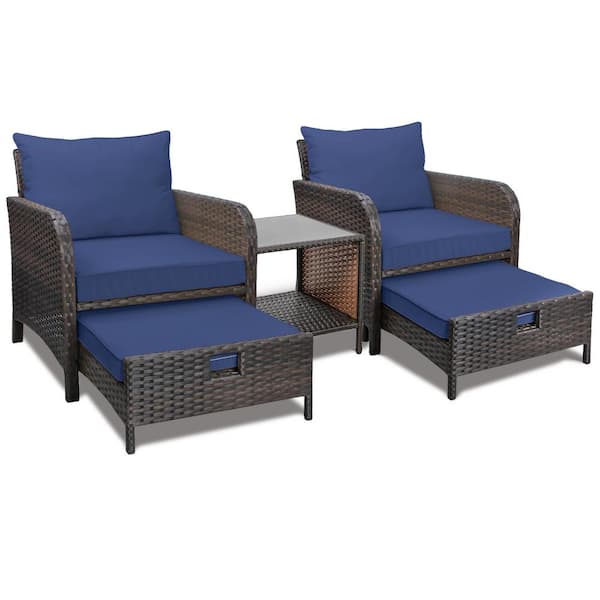 Amagenix Balcony Furniture 5-Piece PE Wicker Patio Conversation Outdoor Set with Lounge Chairs and Blue Soft Cushions