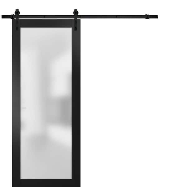 Sartodoors 32 in. x 80 in. 1 Panel Frosted Glass Black Matte Solid Wood Sliding Barn Door with Hardware Kit