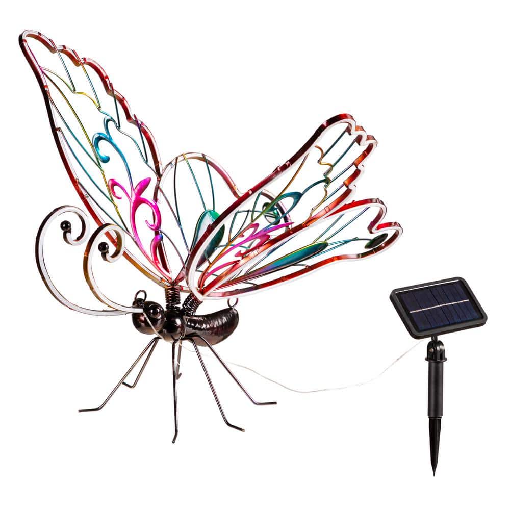 28" Multicolor Solar Neon Butterfly Garden Statue