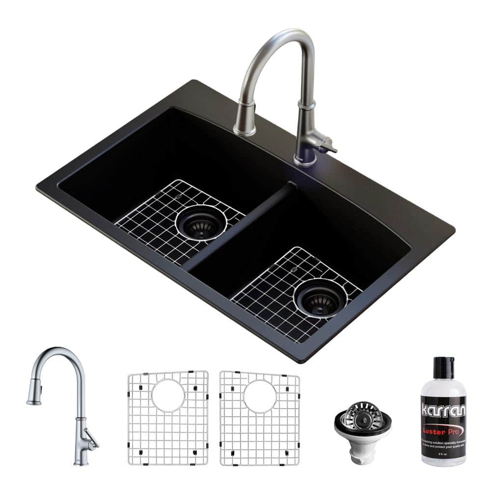 Karran QT- 710 qt. 33 in. 50/50 Double Bowl Drop-In Kitchen Sink in Black with Faucet in Stainless Steel -  QT710BLKKF330SS