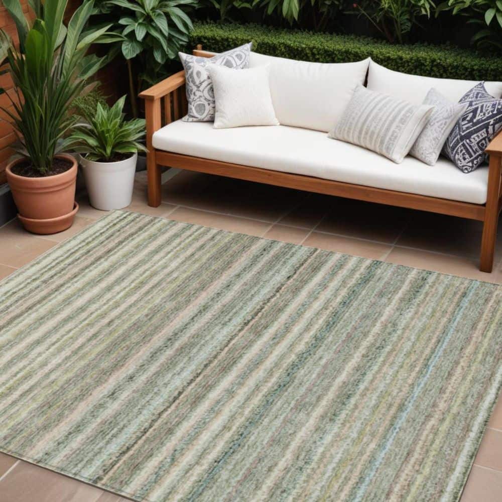 HomeRoots Sage, Mint Green, Beige 9 ft. x 12 ft. Woven Striped ...