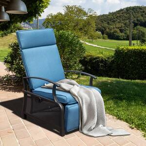 Brown Metal Outdoor Recliner with Flip Table Push Back and Navy-Blue Cushions