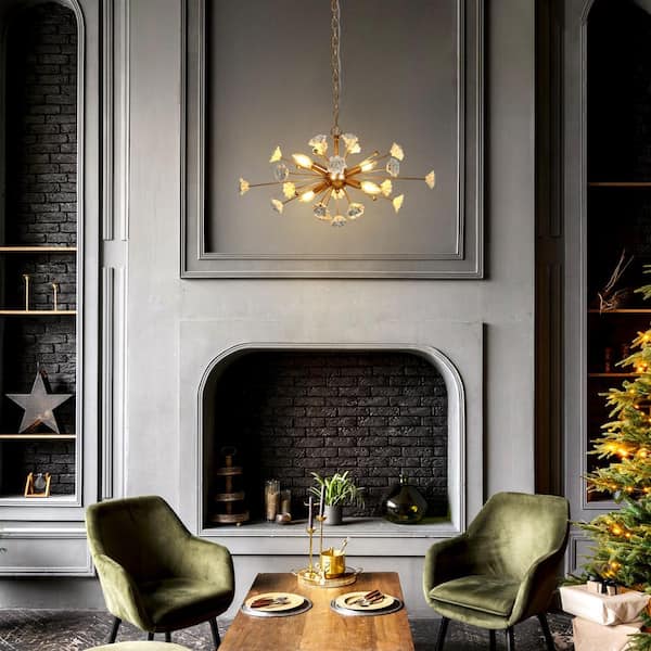 Modern Gold Dining Room Chandelier, 4-Light Cluster Kitchen Island Chandelier with White Ceramic Flowers