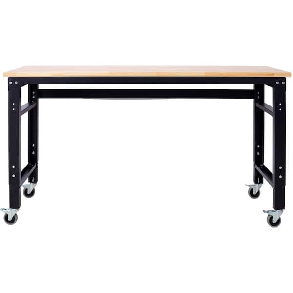 60 in. W x 20 in. D Wide Rolling Workbenches, Adjustable Height, Work Table Bench, Metal with rubber Wood Top, Black