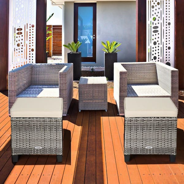 Gtnali Mix Gray Wicker Outdoor Ottoman with Beige Cushions, 2 Pack
