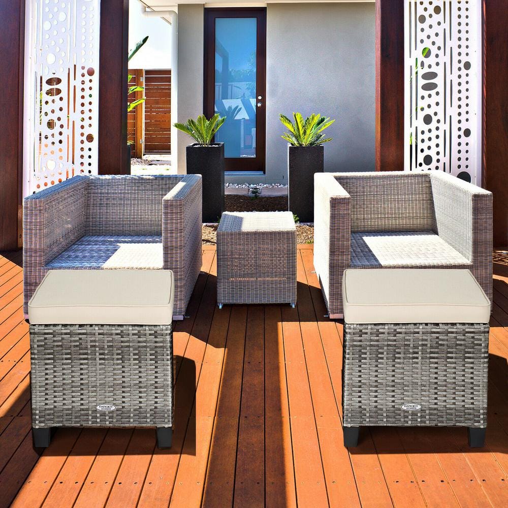 Mix Gray Wicker Outdoor Ottoman with Beige Cushions, 2 Pack