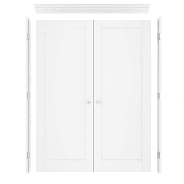 60 in. x 80 in. 1-Paneled Blank Universal-Hand White Solid Core Wood Double Prehung Interior Door+ Quick Assemble Jamb