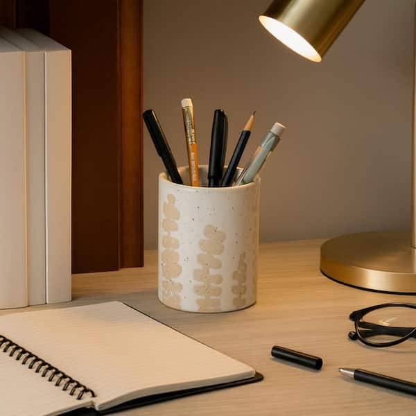 Ivory/Tan 3.25 in. x 4 in. Ceramic Wild Plant Pencil Cup