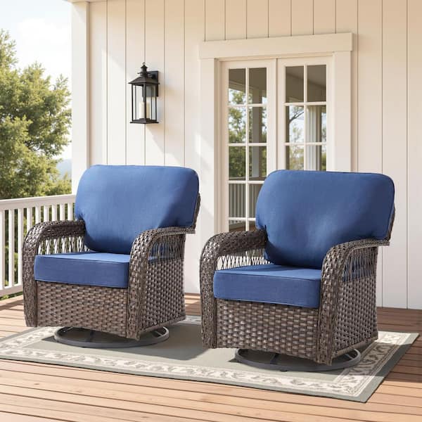 Tyber Brown Swivel Wicker Outdoor Rocking Chair Patio Lounge Glider with 5 in. Thick Blue Cushions (2-Pack)