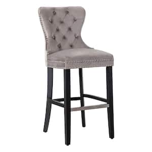 Harper 29 in. High Back Nail Head Trim Button Tufted Gray Velvet Bar Stool with Solid Wood Frame in Black