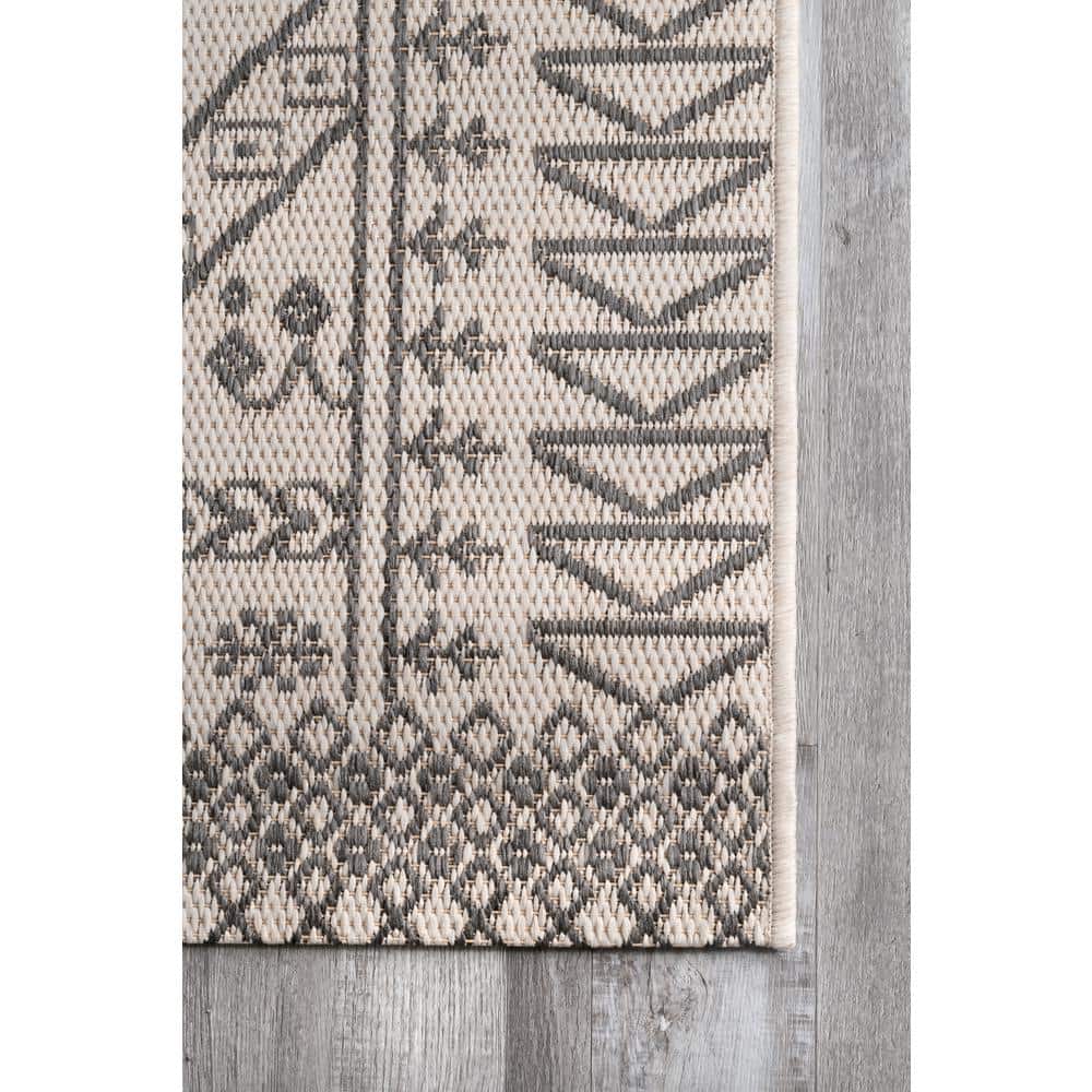 Ivory and Gray Bohemian Synthetic Outdoor Area Rug