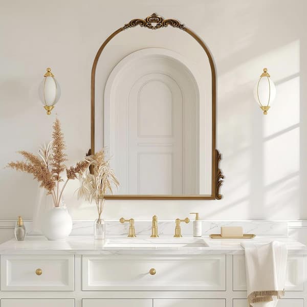 24 in. W x 32 in. H Baroque Arched Classic Metal Framed Antique Gold Mounted Wall Mirror