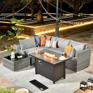 Daffodil J Gray 6-Piece Wicker Patio Outdoor Conversation Sofa Set with Gas Fire Pit and Dark Gray Cushions