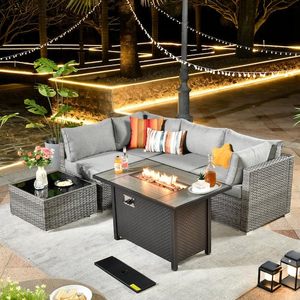 weaxty W Daffodil J Gray 6-Piece Wicker Patio Outdoor Conversation Sofa Set with Gas Fire Pit and Dark Gray Cushions