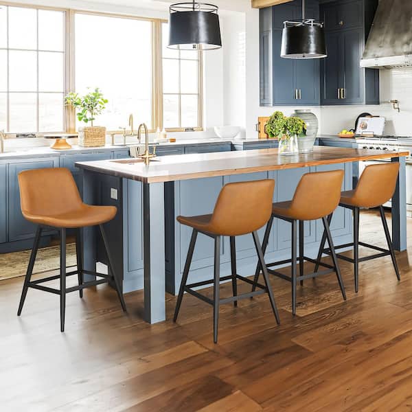 cozyman Abraham 24 in. Whiskey Brown Metal Counter Height Bar Stool Faux Leather Bar stool with Back Counter Stool (Set of 4)