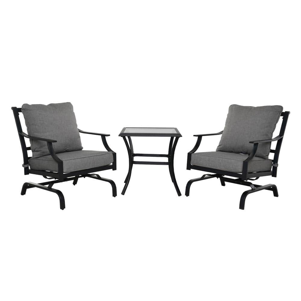 Black 3-Piece Powder Coated Iron Outdoor Patio Conversation Set with Gray C