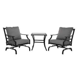 Black 3-Piece Powder Coated Iron Outdoor Patio Conversation Set with Gray Cushions