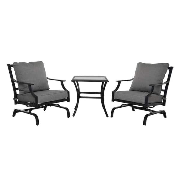 Boyel Living Black 3-Piece Powder Coated Iron Outdoor Patio Conversation Set with Gray Cushions