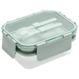 58.5 oz. Premium 4-In-1 Double-Layer Glass Bento Lunch Box with Utensils in Sage Green (1-Pack)