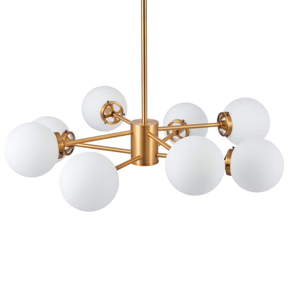 Modern Brass 8-Light Sputnik Chandelier with White Opal Glass