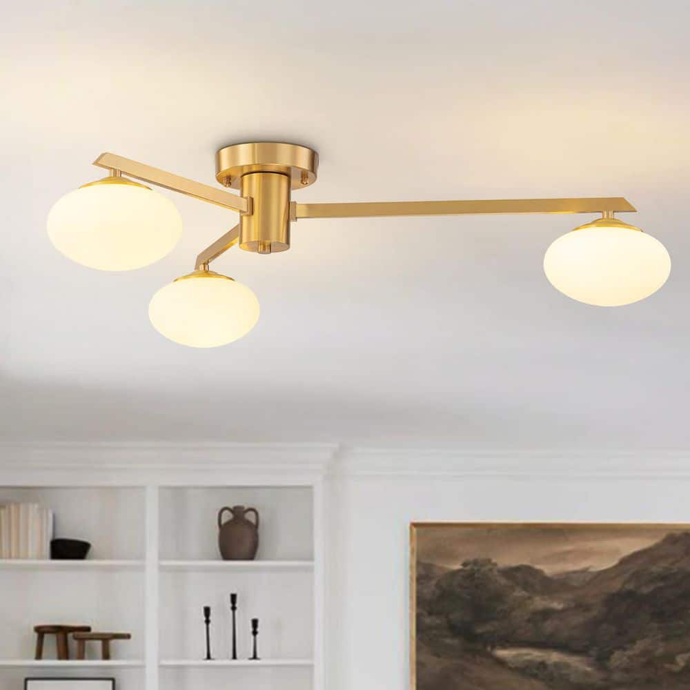 Y'INSP Lumo Orb 26.4 in. 3-Light Brushed Gold Mid-Century Pendant