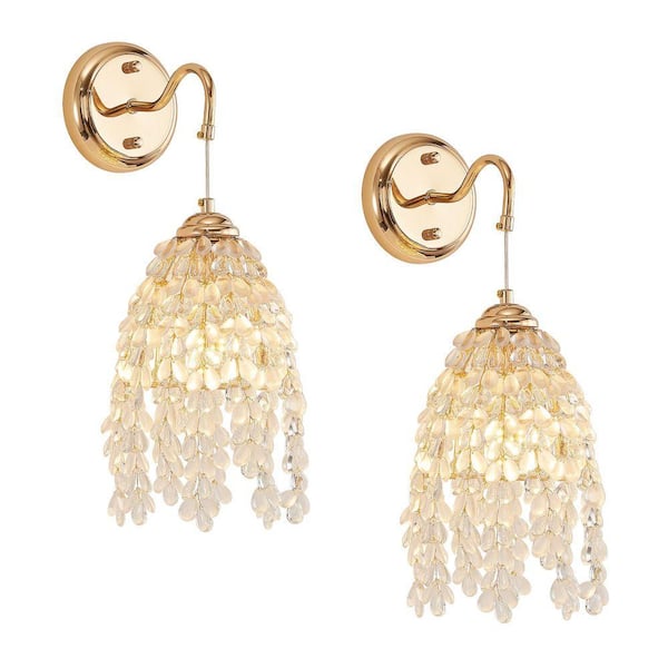 6 in. W Set of 2 Gold Wall Sconces with Crystal Grape-Shaped Bead String for Bedroom, Hallway, E12, No Bulbs Included
