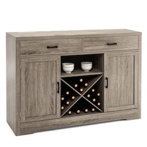 Grey Wooden Sideboard Buffet 52 in. Kitchen Island Kitchen Storage Cabinet with Detachable Wine Rack