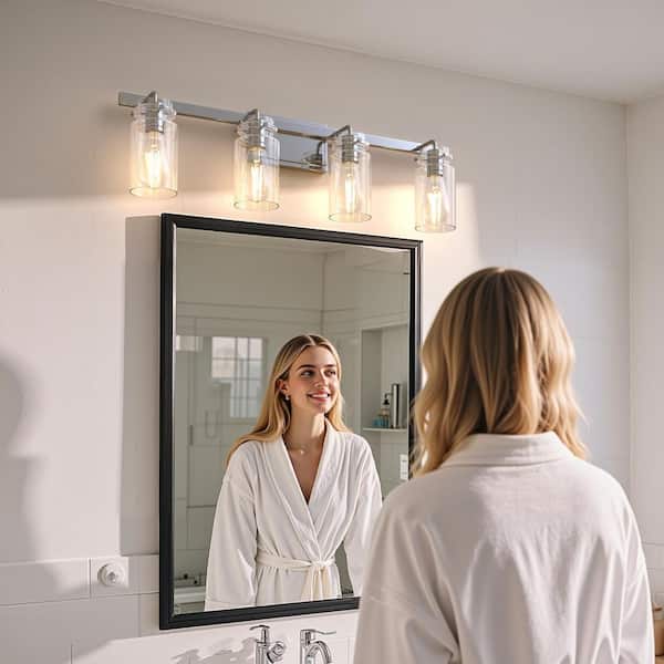 28 in. 4-Light Chrome Modern Cylinder Vanity Light, Clear Glass Bathroom Wall Fixture Over Mirror