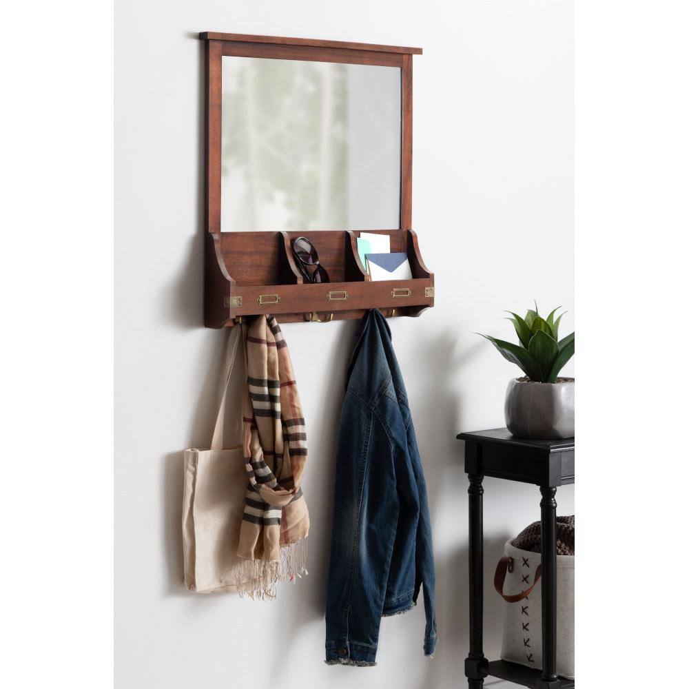 Walnut Brown Solid Wood Square Wall Organizer with Mirror and Hooks