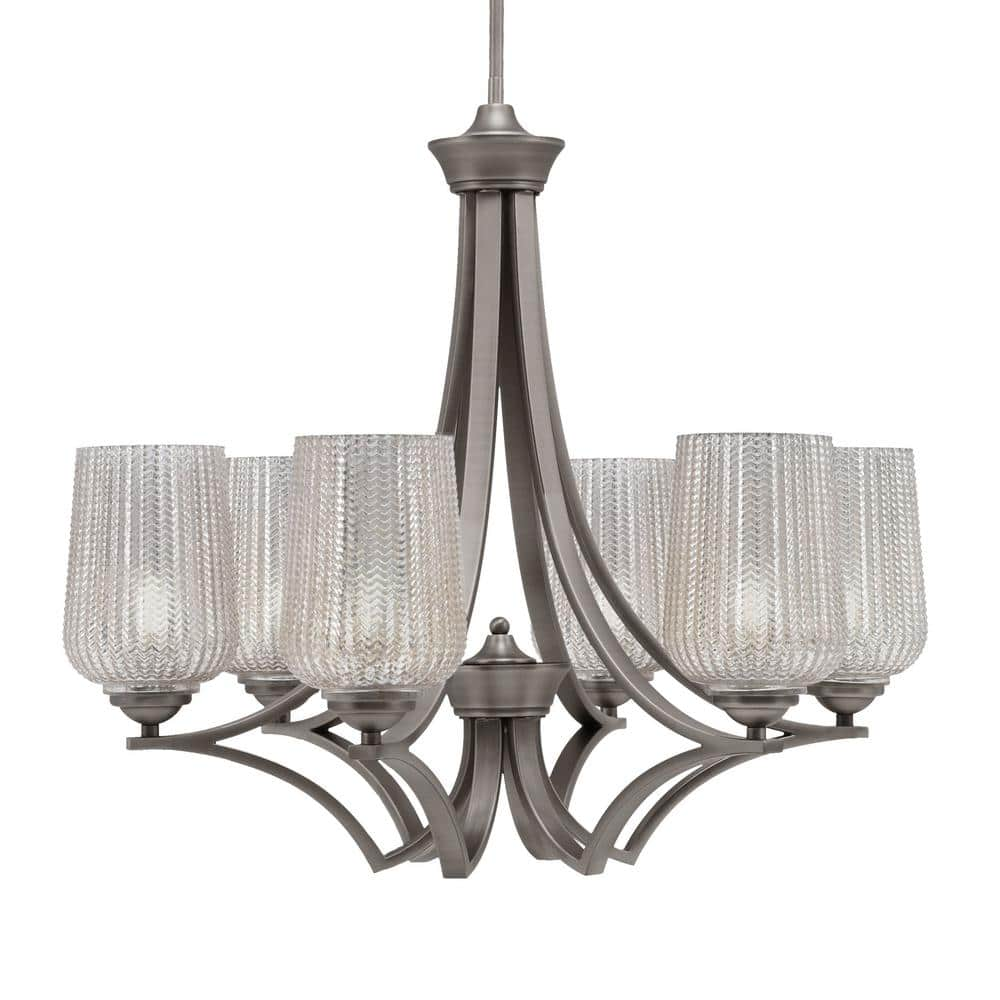 Clevelend 6 Light Graphite Round Chandelier with 5"" Silver Textured Glass Shades, No bulbs included