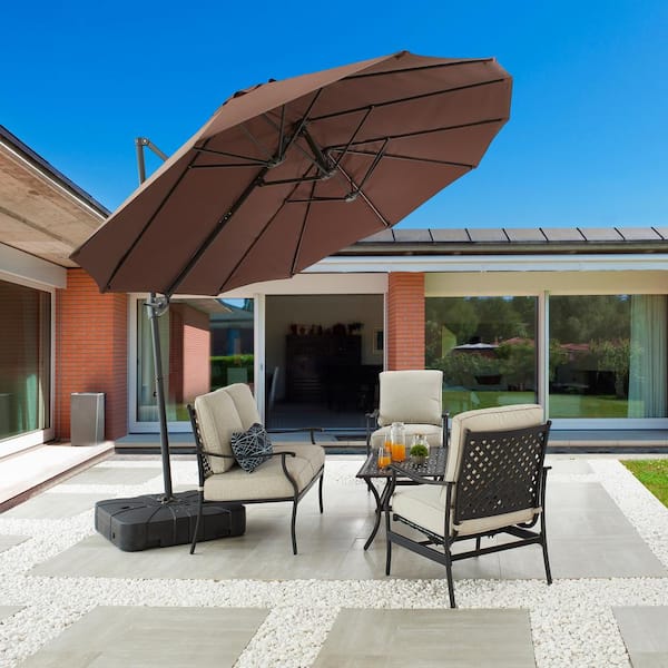 14.5 ft. x 8.5 ft. Twin Head Tilt Market Umbrella With Base in Brown Color