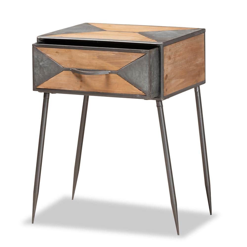 Antique Grey and Whitewashed Oak Industrial 1-Drawer Nightstand