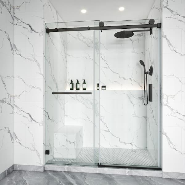 LASIHEM 56-60 in. W x 79 in. H Single Sliding Frameless Shower Door Matte Black 3/8 in. Clear Glass with Towel Bar