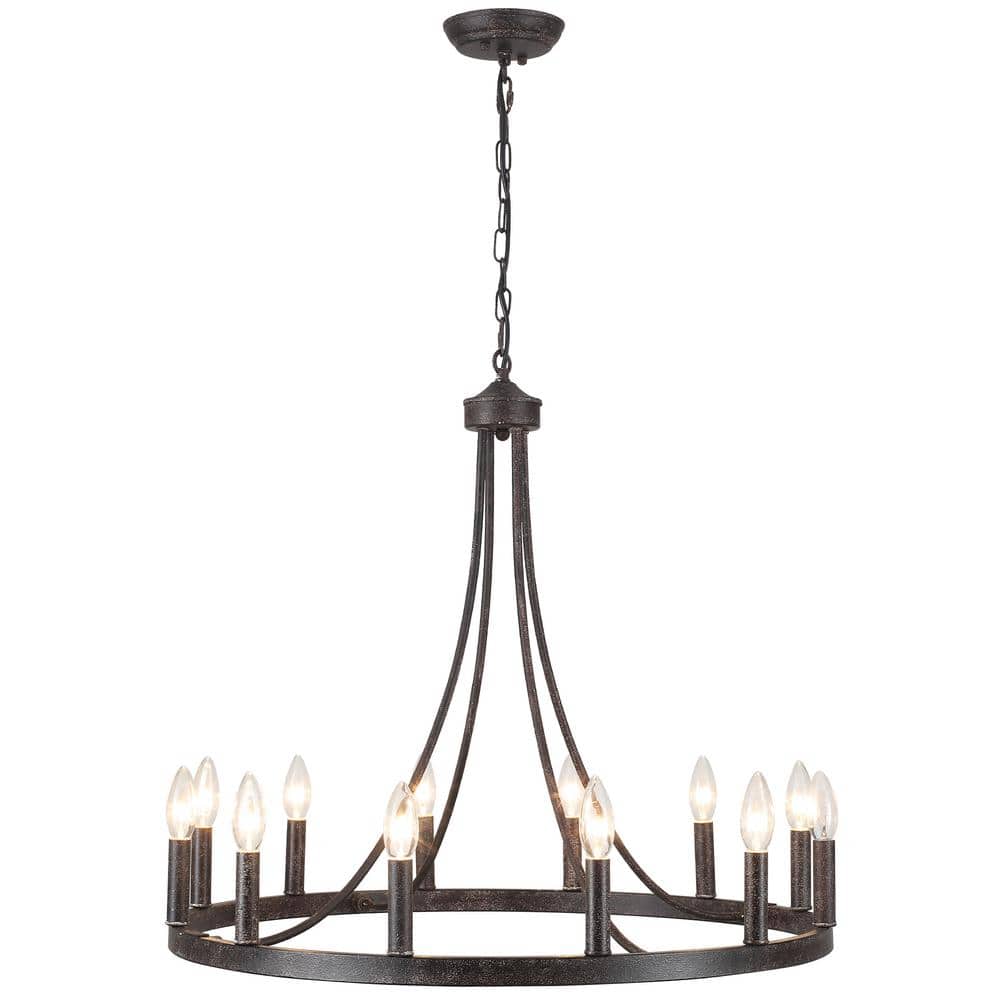 12-Light Antique Black Modern Adjustable Height Light Fixture Wagon Wheel C