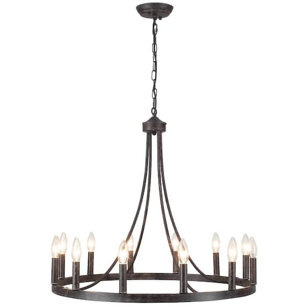 12-Light Antique Black Modern Adjustable Height Light Fixture Wagon Wheel Chandelier