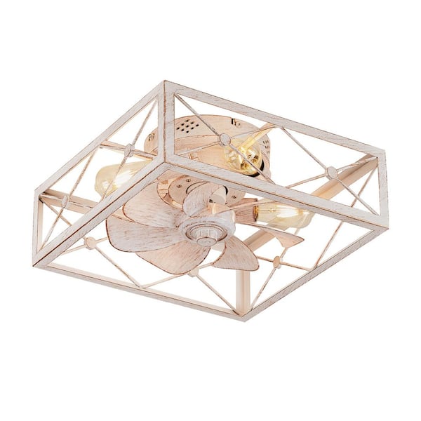 HINNIXY 16 in. Low Profile Indoor Caged White Flush Mount Small Ceiling Fan with Light and Remote Control