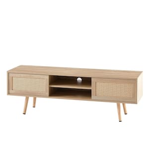 Anky 55.12 in. Natural Wood Rectangle MDF Rattan Coffee Table with Double Sliding Door for Storage and Solid Wood Legs